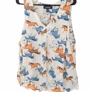 Modcloth Women's Blouse with Horse Print - White and Blue